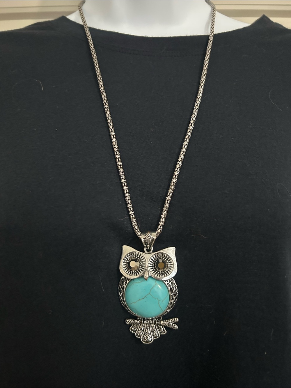 Silver-Tone Owl Pendant Necklace with Turquoise Accent